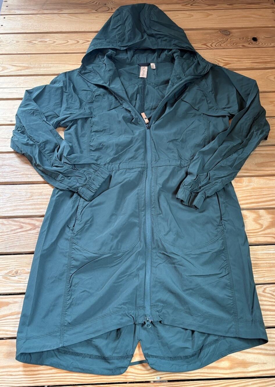 Indyeva Women’s Full zip Slinga Woven Stretch Hooded Long Jacket Size S Green N8